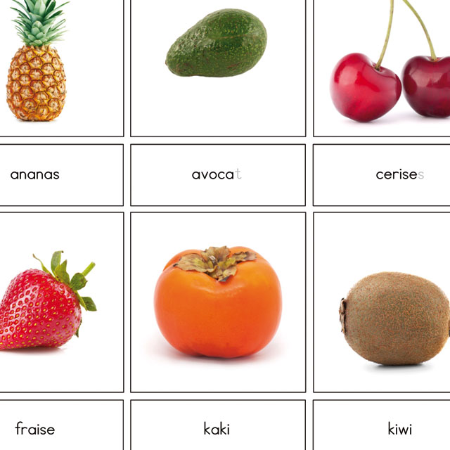 Cartes de nomenclature - Les fruits frais (script) - Papille